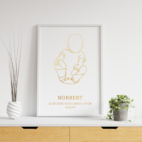 Minimalistyczna metryczka dla dziecka ze złoceniem i szkicowanym niemowlakiem - Golden golden Sketch VII
